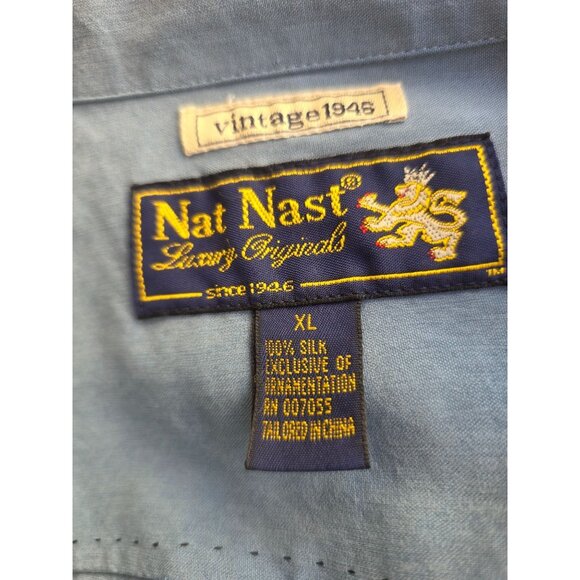 Nat Nast Y2K Silk Camp Shirt Men XL Rain Blue Black Embroider Retro Bowling Styl - Picture 5 of 13